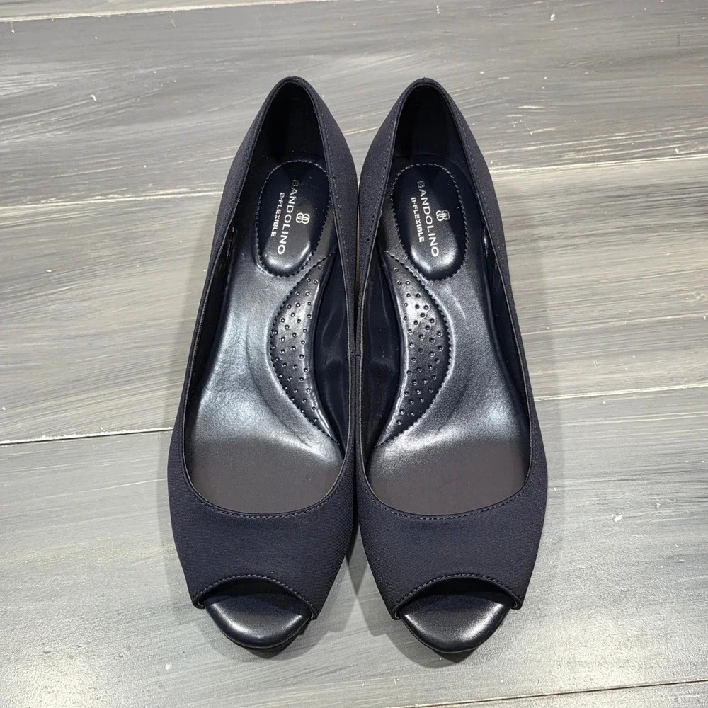Bandolino Wedge Heels BDCANDRA Navy Blue Peep Toe Size‎ 7.5 W Wide